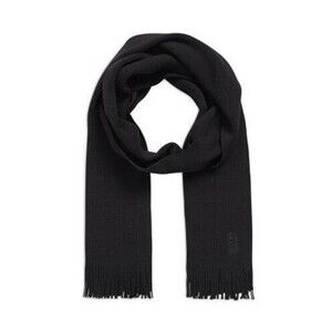HUGO BOSS Scarf Mens Black 100% Virgin Wool Embroidered Logo Fringe ALBAS 62x9.5